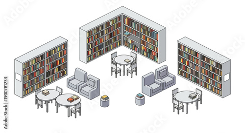 Modern library corner with bookshelves, reading areas, and study tables in a serene environment viewed from above.