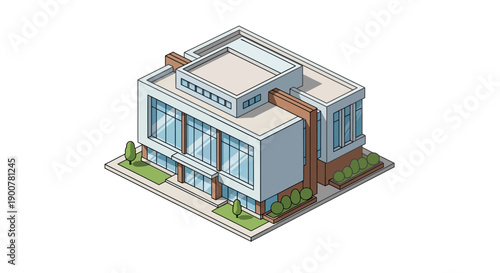 Isometric View of Modern Building with Greenery and Blue Accents via RJ ImageFX