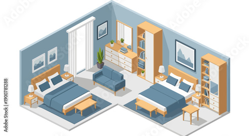 Isometric illustration of a modern bedroom with furniture and decor viewed from above