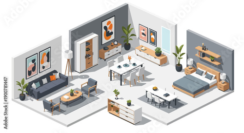 Isometric illustration of a modern home interior with furniture and decor in a 3D perspective view via digital rendering