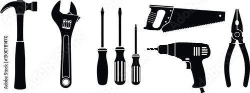 Hand tool hardware vector silhouette illustration featuring hammer saw drill and screwdrivers