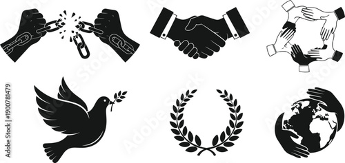 Global peace vector silhouette illustration with handshake dove and united hands line art