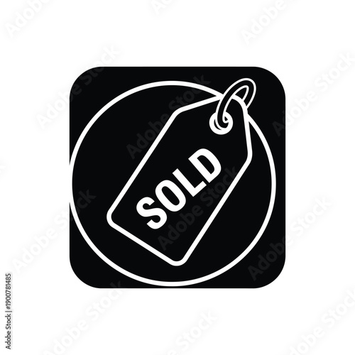 Black square icon with white outline of a sold tag in a circle