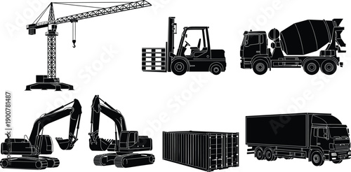 Heavy construction machinery vector silhouette illustration including truck crane excavator