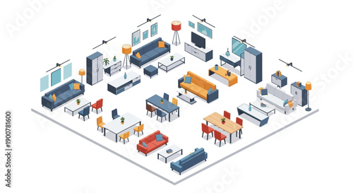 Isometric illustration of a modern office space with workstations and technology via digital design