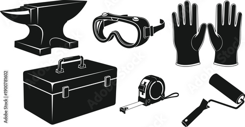 Industrial safety gear vector silhouette illustration with toolbox goggles and paint roller