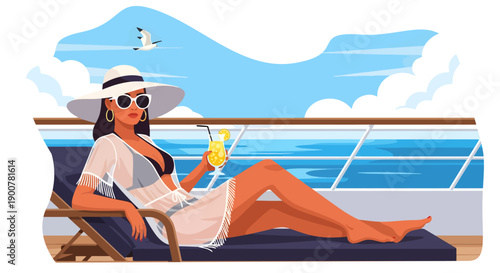 Basking in the summer sun, a stylish woman in a wide-brimmed hat and sheer cover-up lounges on a cruise deck, holding a refreshing yellow cocktail against a backdrop of blue sea and white clouds