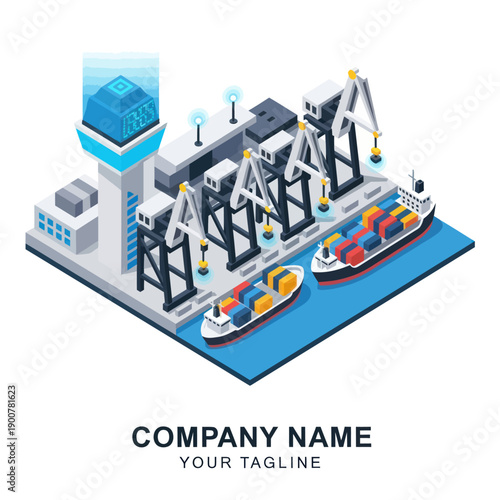 Isometric Container Shipping Port with Cranes and Boats.