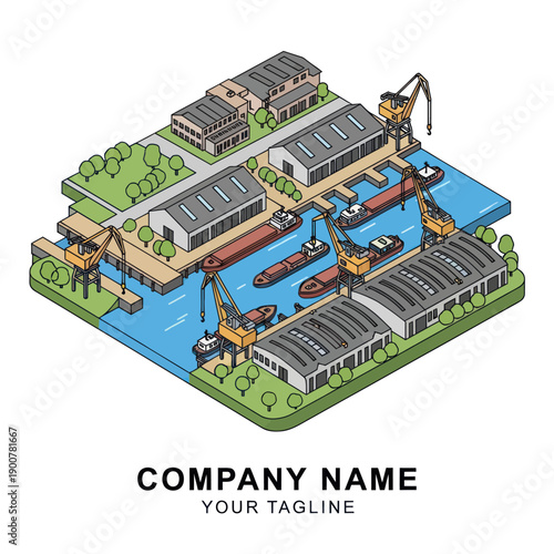 Isometric Illustration of Industrial Harbor with Cranes and Warehouses.