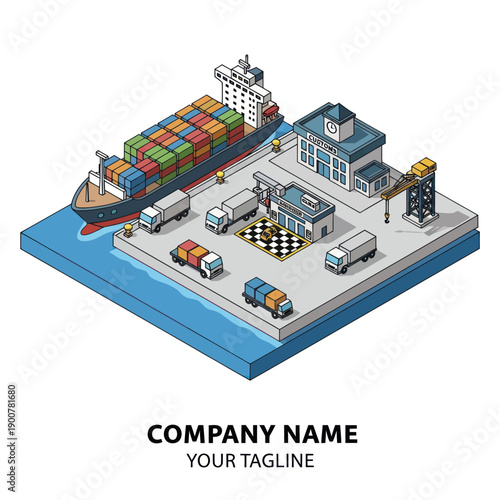 Isometric Illustration of Shipping Port with Cargo.