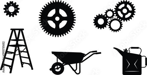 Industrial tools vector silhouette illustration, line art of gears, ladder, and wheelbarrow