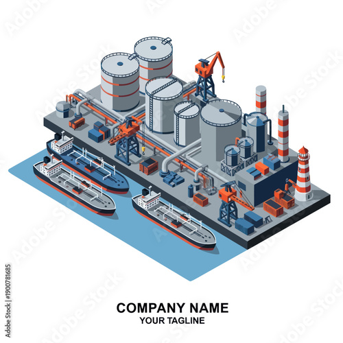 Isometric Industrial Oil Refinery with Ships.