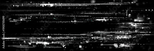 Digital glitch texture with pixelated noise effect. Vector realistic illustration of abstract video rewind pattern on black screen background, static noise overlay, retro tv display, signal distortion