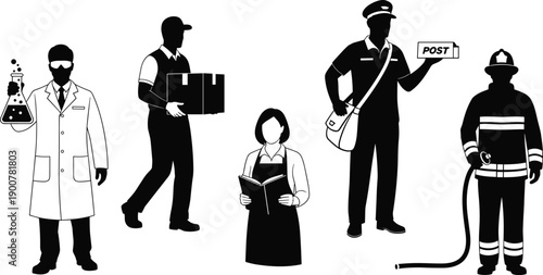 Professionals silhouette vector illustration, scientist, delivery person, teacher, postman, firefighter