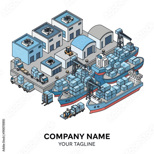 Isometric Illustration of Industrial Shipping Yard and Factory.