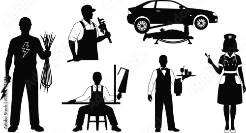 Professional worker vector silhouette illustration set with electrician plumber and nurse