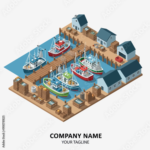 Isometric Illustration of Boats at Harbour Dock.
