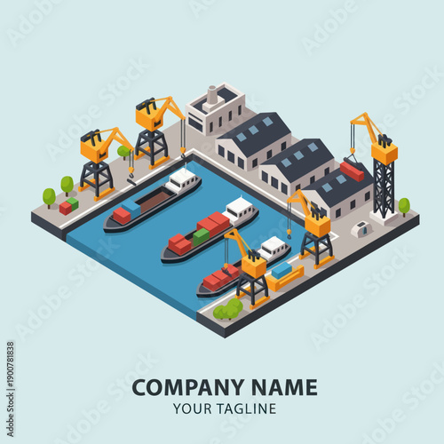 Isometric Illustration of Industrial Harbour Scene with Cranes.