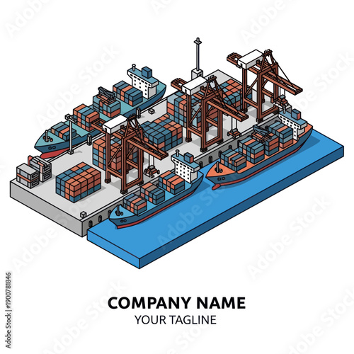Isometric Illustration of Shipping Port with Cranes.