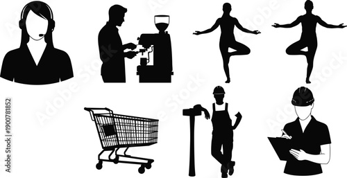 Service industry employee vector silhouette illustration showing yoga and barista profiles