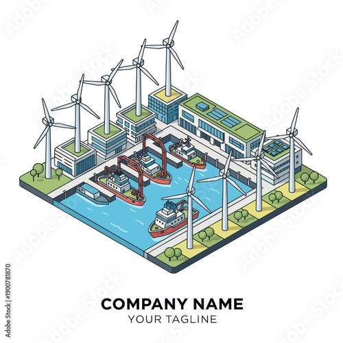 Isometric Illustration of Wind Turbines and Industrial Harbour.