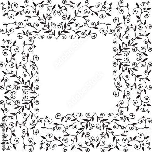 Frame of branches with leaves and flowers. Vector illustration for printing.
