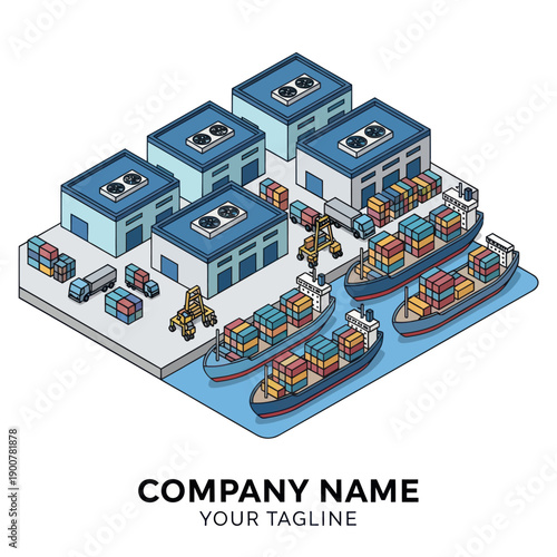 Isometric Warehouse with Containers and Ships.
