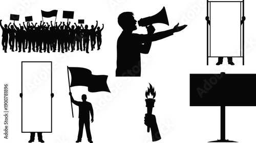 Protest and public event silhouette vector illustration line art set on transparent background