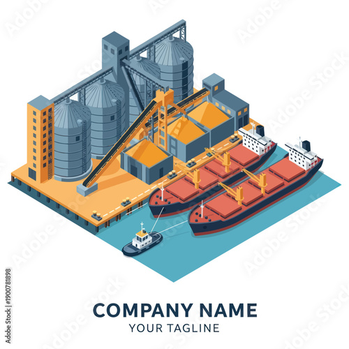 Isometric Illustration of Industrial Factory and Ships.