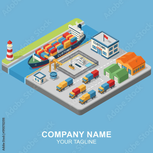 Isometric 3D Illustration of Shipping Port Facilities.