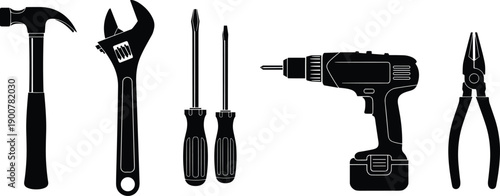 Tools silhouette vector illustration, hammer, wrench, screwdrivers, drill, pliers, black line art