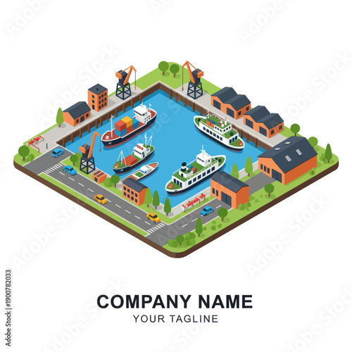 Isometric Illustration of Harbour with Boats and Buildings.