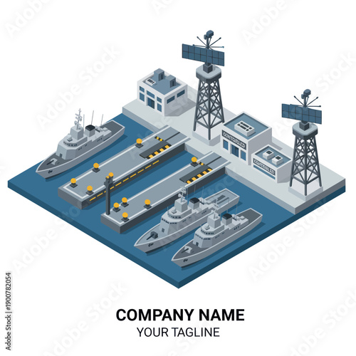 Isometric Illustration of Naval Base with Ships.
