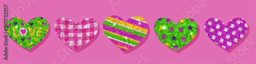 Glitter heart set in pink, green, purple, and yellow on bright pink background. Sparkly sequin elements with glossy reflections. Valentine’s Day sticker set with shiny bokeh texture.