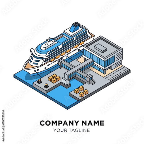 Isometric Cruise Ship with Terminal Building.