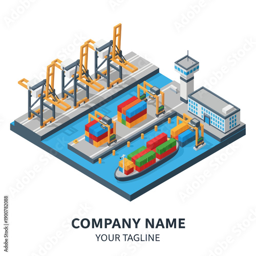 Isometric Illustration of Industrial Shipping Port Facility.