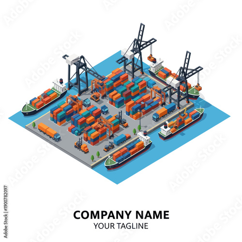 Isometric Container Terminal with Cranes and Ships.