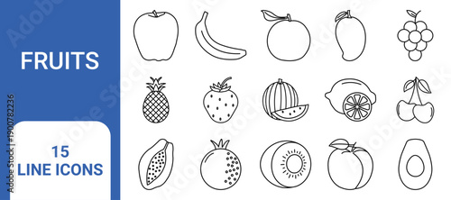 Fruits Line Icons Set – Apple Banana Orange Mango Grape Pineapple Vector