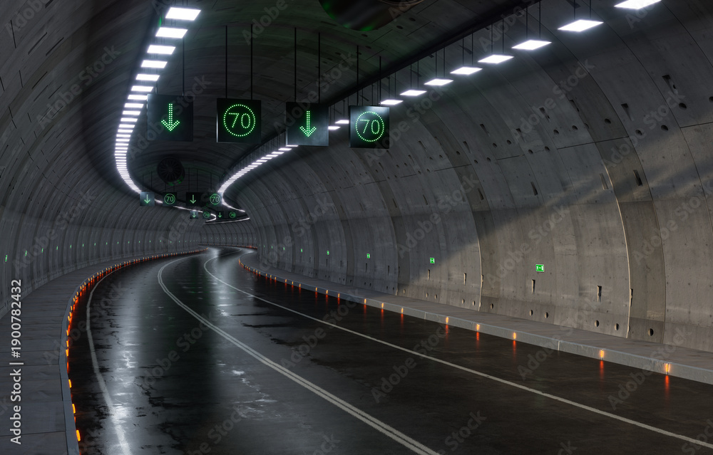 Fototapeta premium A big, curved highway tunnel.3D Render.