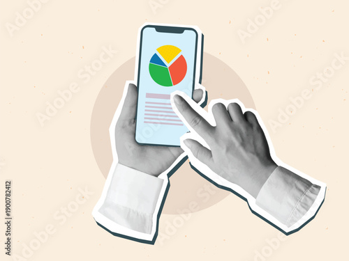 Black and white hands in a white shirt holding a phone with a circular diagram on screen. Modern collage style. Vector illustration