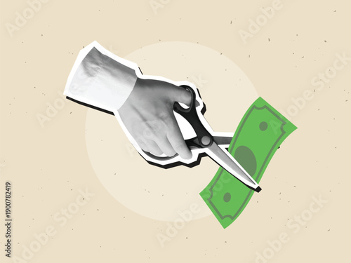 A hand cuts a green bill with scissors. Modern photo collage style. Vector illustration
