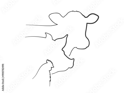 Linear silhouettes of farm animal heads - cow, pig and chicken. Vector illustration isolated on a white background