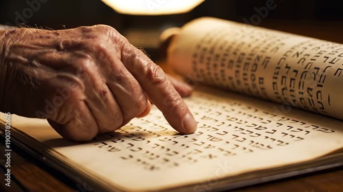Elderly hand pointing at ancient Hebrew text on parchment in warm light for traditional religious study concept and cultural heritage