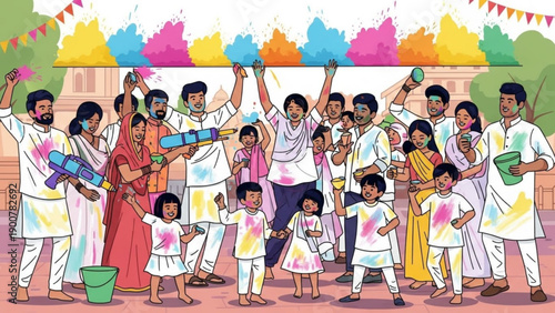 Diverse group of people celebrating holi festival with colorful powders and waters joyful atmosphere vibrant clothing