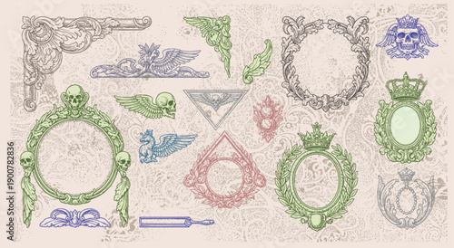 Ornate vintage frames and scroll elements. Classic calligraphy swirls, swashes, floral motifs. Good for greeting cards, wedding invitations, restaurant menu, royal certificates and graphic design.