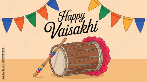 happy vaisakhi illustration with traditional dhol drum and festive bunting celebrating punjabi harvest festival, culture and joyful celebration