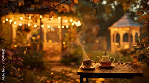 Dusk garden ambiance with steaming tea and glowing lights under autumn leaves, generative ai