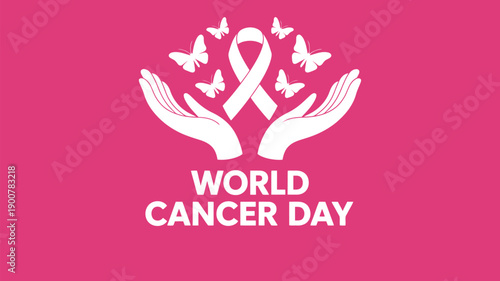world cancer day illustration with hands holding awareness ribbon and butterflies symbolizing hope, support, compassion and global cancer awareness