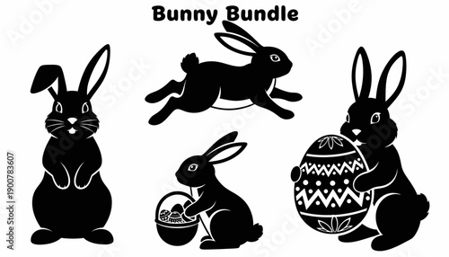 black silhouette bunnies and easter eggs on white background