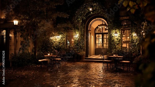 Illuminated secret garden courtyard at night with cafe tables, generative ai